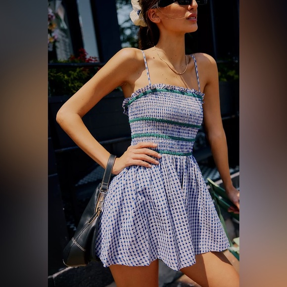 Free People Bali Checked Out Printed Romper in Blue Combo - Picture 1 of 6